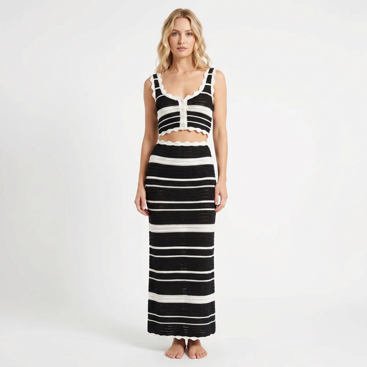Crochet Matching Sets - Striped Crop Top Maxi Skirt