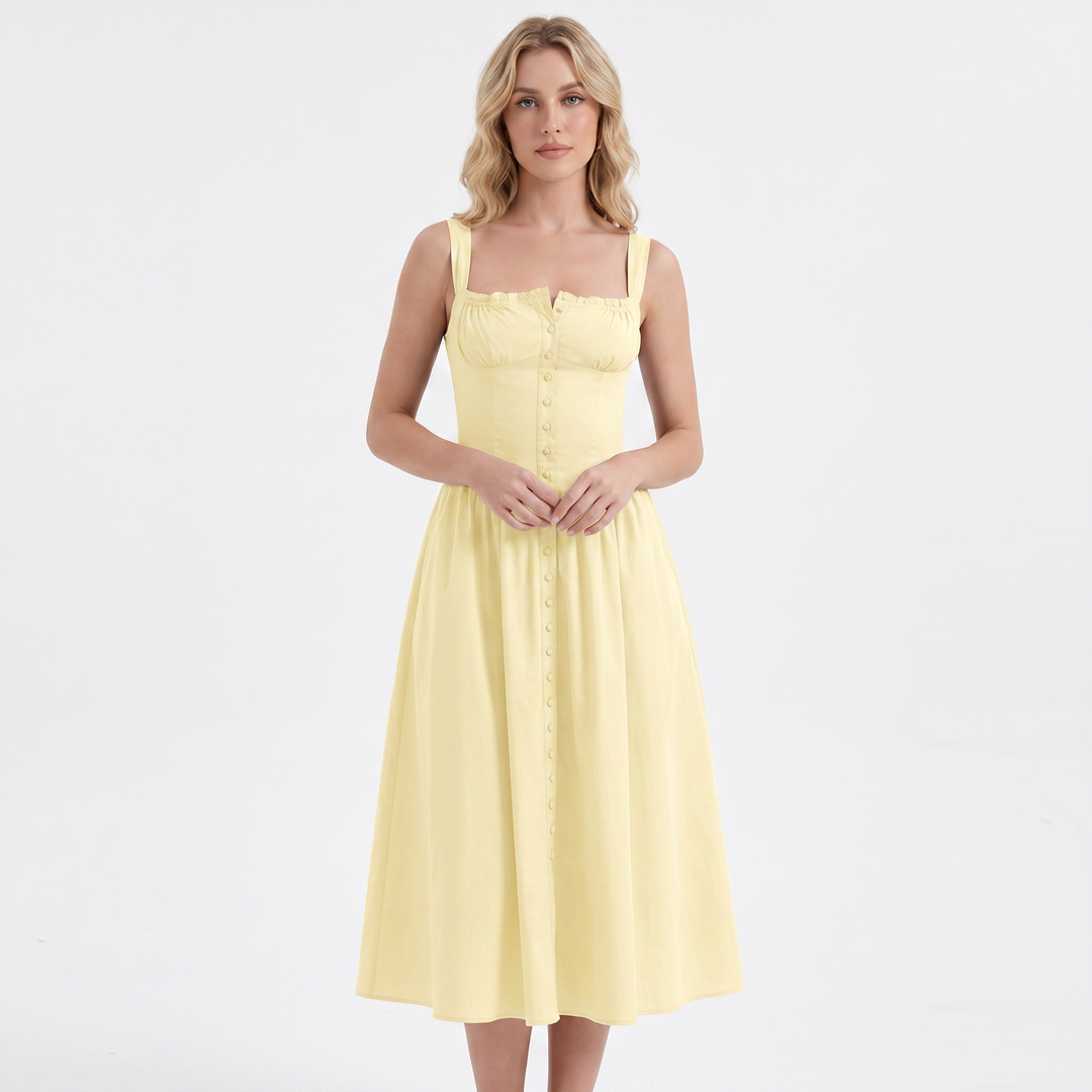 Corset Midi Dress - Square Neck Button Front Pockets