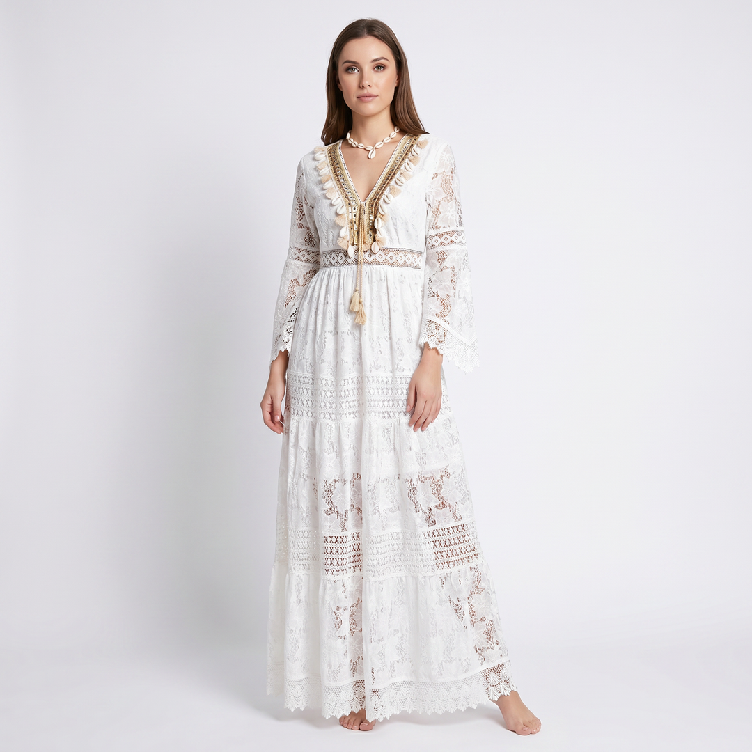 Boho Maxi Dress - V Neck Lace Long Sleeve Tiered
