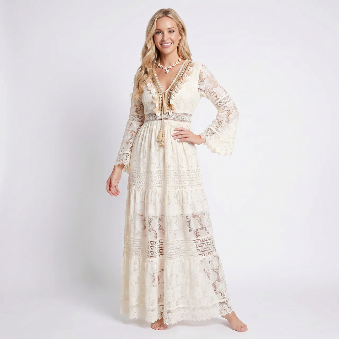 Boho Maxi Dress - V Neck Lace Long Sleeve Tiered