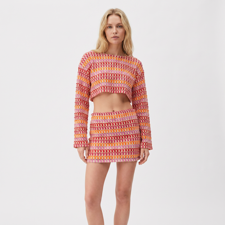 Crochet Matching Sets - Long Sleeve Crop Top Mini Skirt