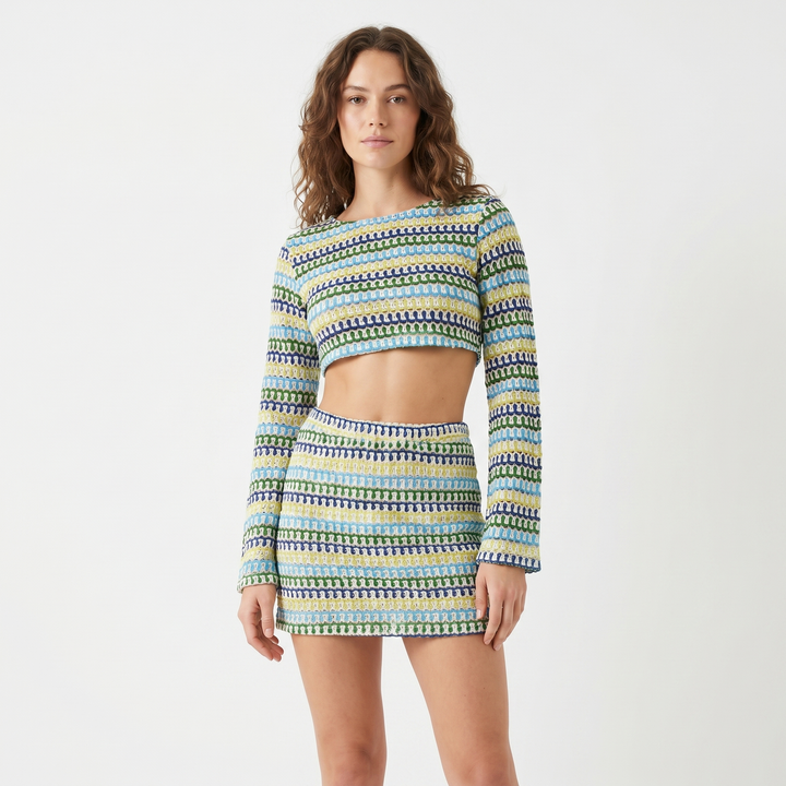 Crochet Matching Sets - Long Sleeve Crop Top Mini Skirt