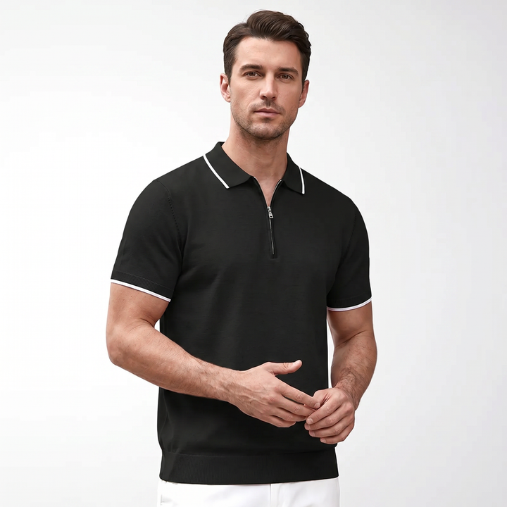 Knit Polo Shirt Men - Quarter Zip Short Sleeve Tipped
