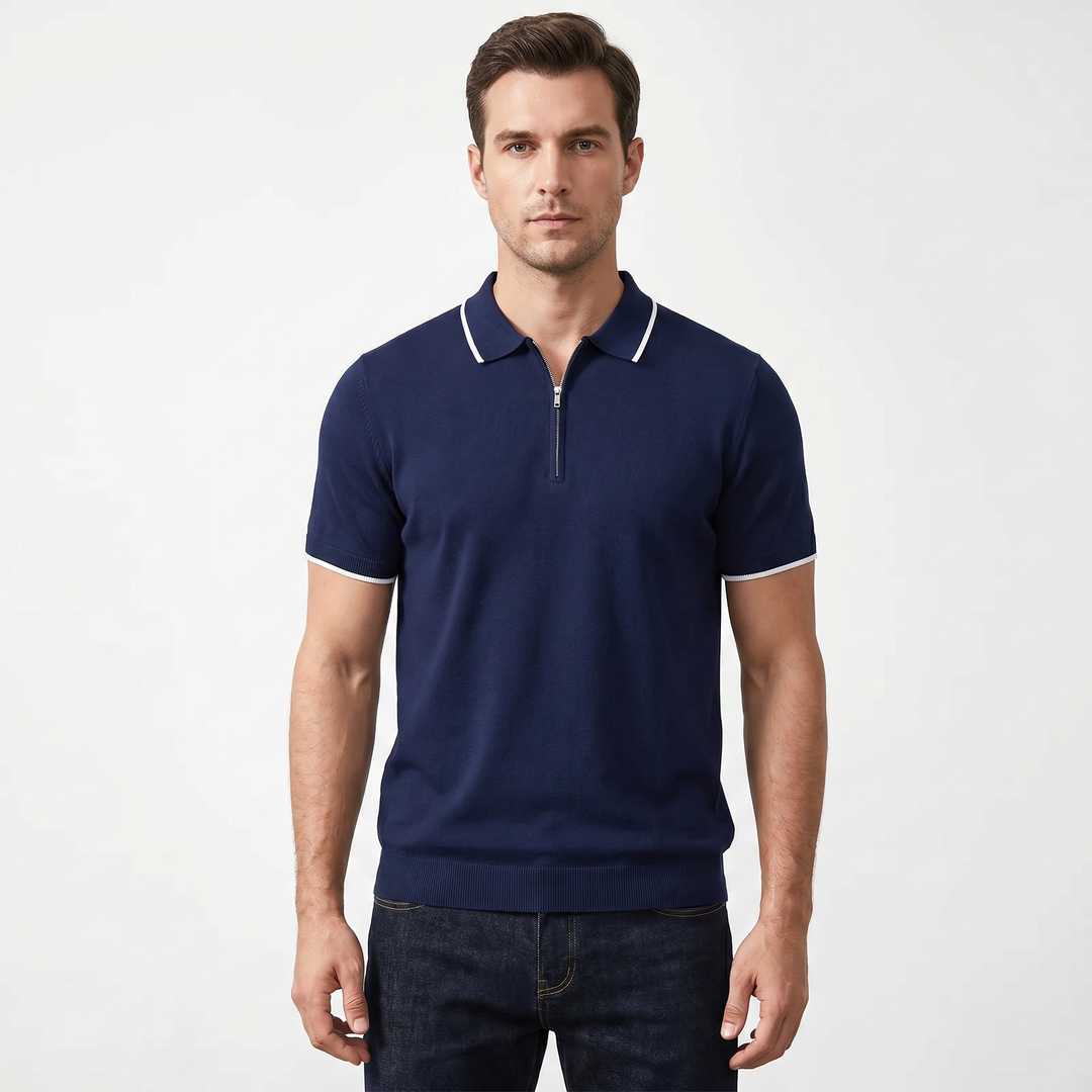 Knit Polo Shirt Men - Quarter Zip Short Sleeve Tipped