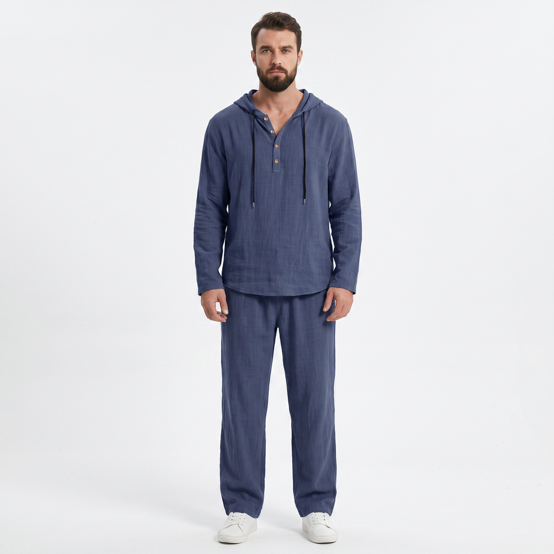 Linen Sets Men - Hooded Henley Top and Pants