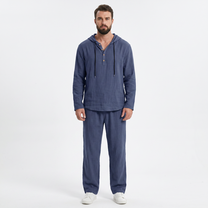 Linen Sets Men - Hooded Henley Top and Pants