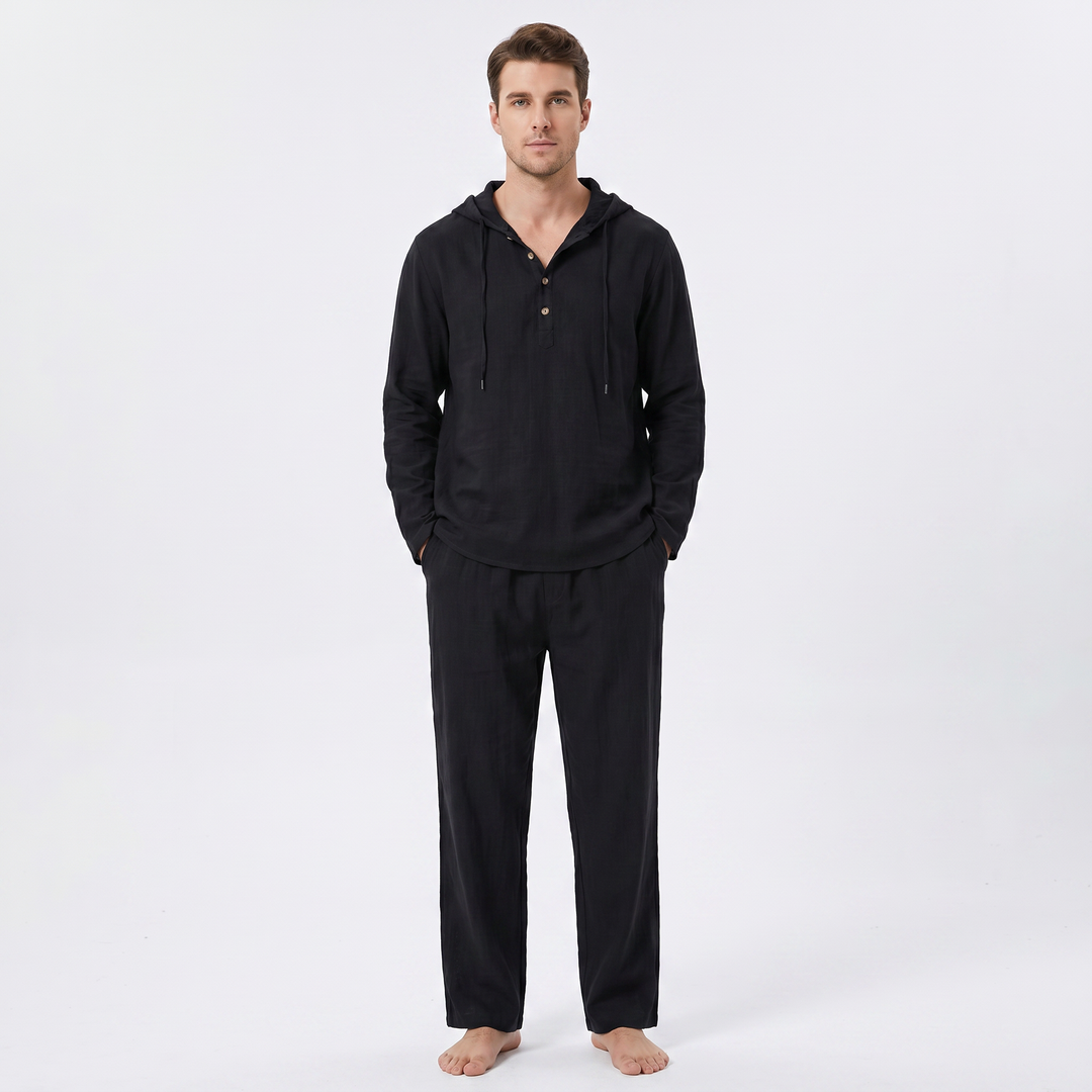 Linen Sets Men - Hooded Henley Top and Pants