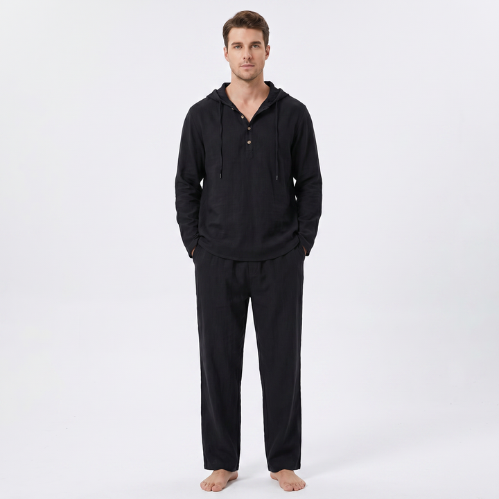 Linen Sets Men - Hooded Henley Top and Pants
