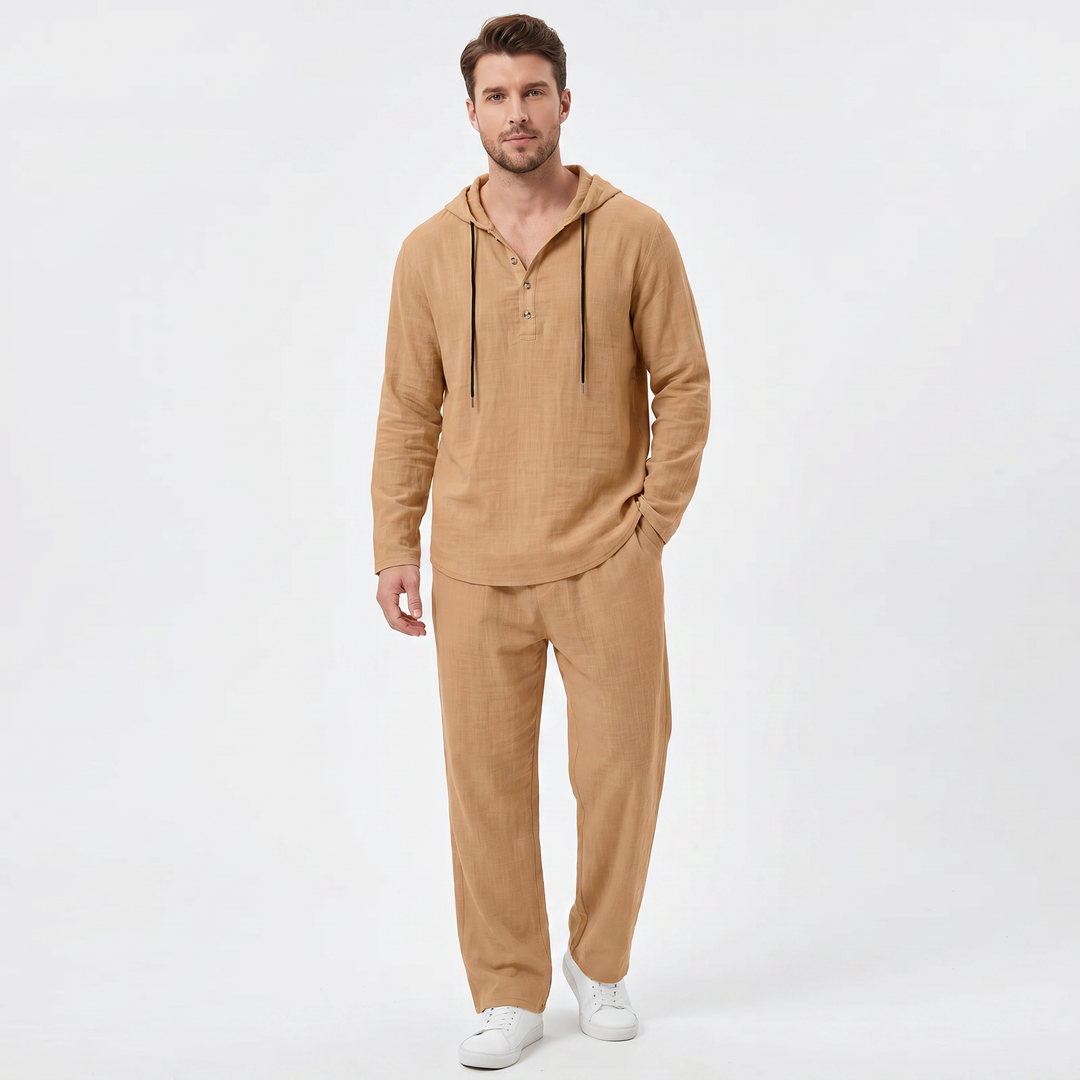 Linen Sets Men - Hooded Henley Top and Pants