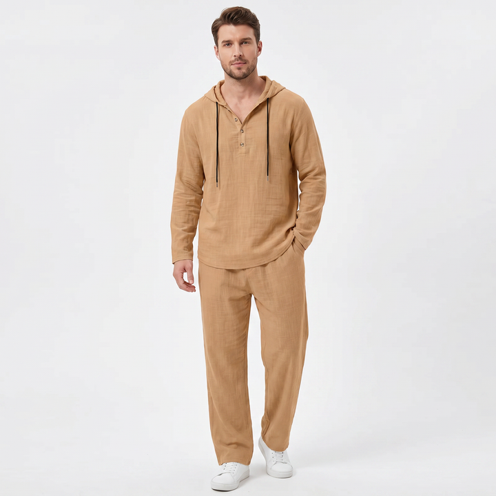 Linen Sets Men - Hooded Henley Top and Pants