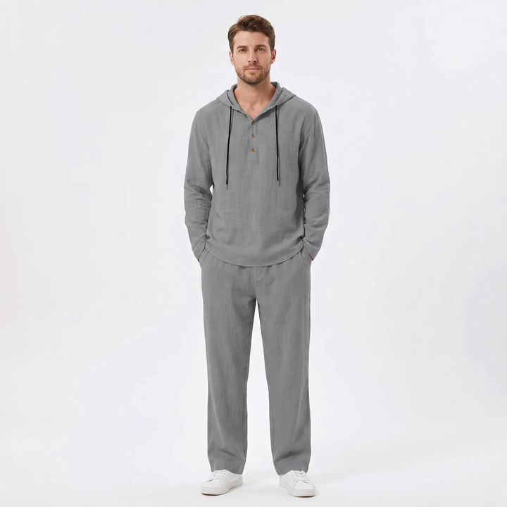Linen Sets Men - Hooded Henley Top and Pants