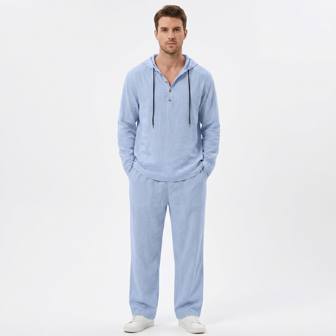 Linen Sets Men - Hooded Henley Top and Pants