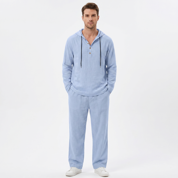 Linen Sets Men - Hooded Henley Top and Pants