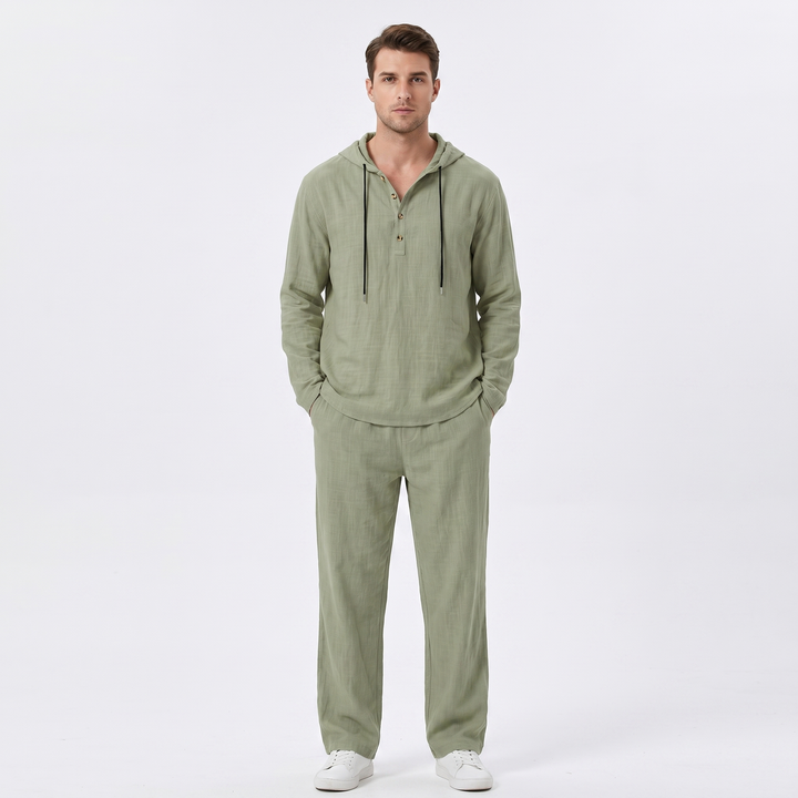 Linen Sets Men - Hooded Henley Top and Pants