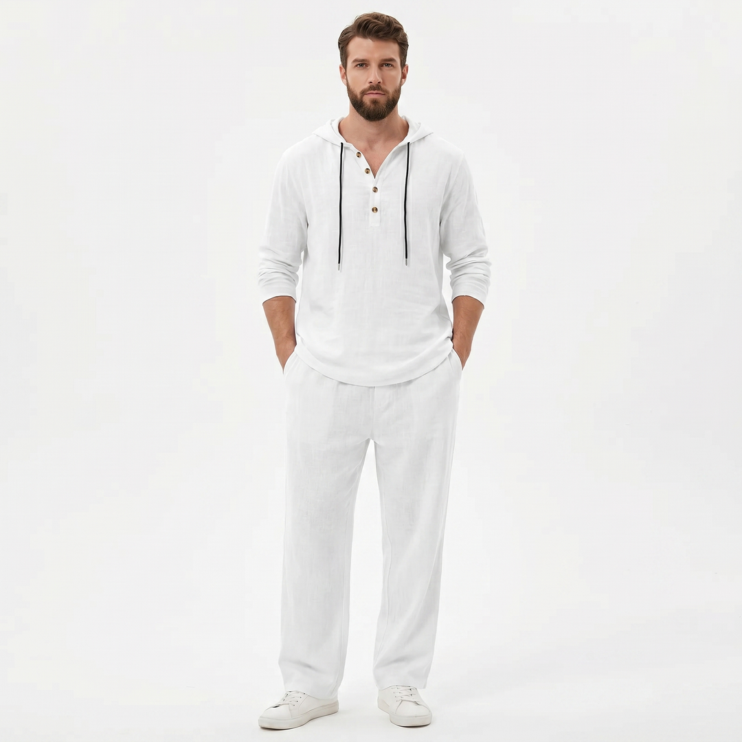 Linen Sets Men - Hooded Henley Top and Pants