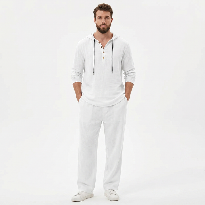 Linen Sets Men - Hooded Henley Top and Pants