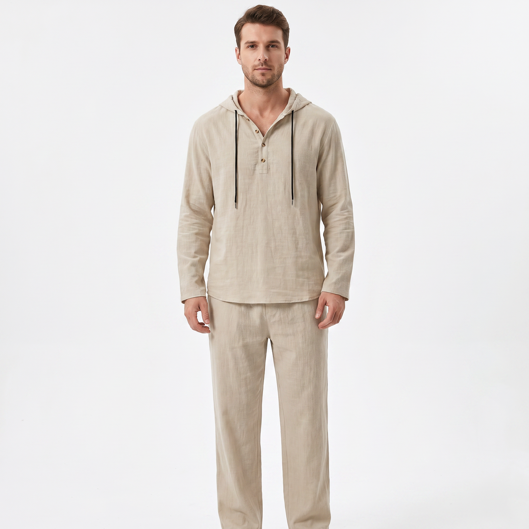 Linen Sets Men - Hooded Henley Top and Pants