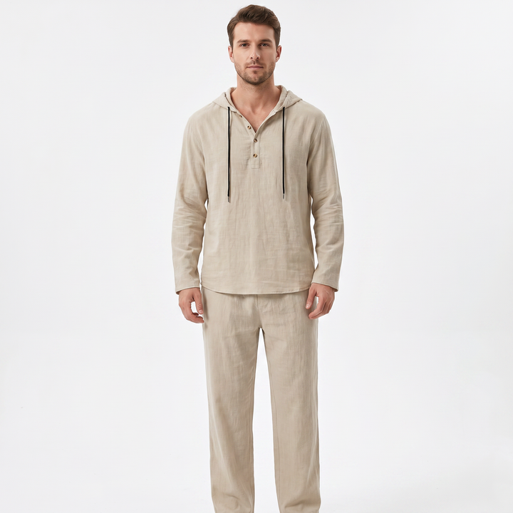Linen Sets Men - Hooded Henley Top and Pants