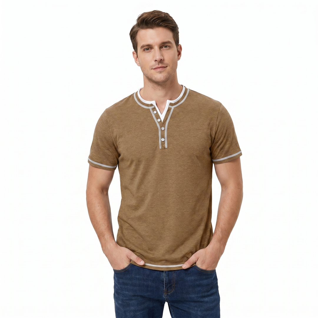 Henley Shirt Men - Short Sleeve Contrast Stitch Button