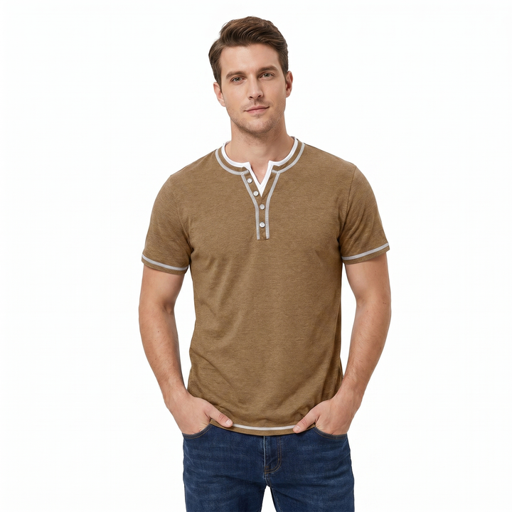 Henley Shirt Men - Short Sleeve Contrast Stitch Button