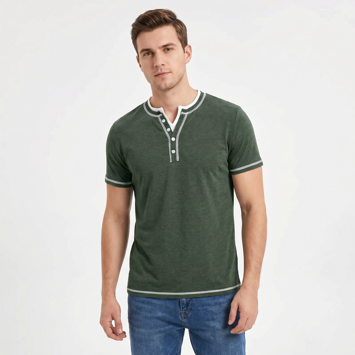 Henley Shirt Men - Short Sleeve Contrast Stitch Button