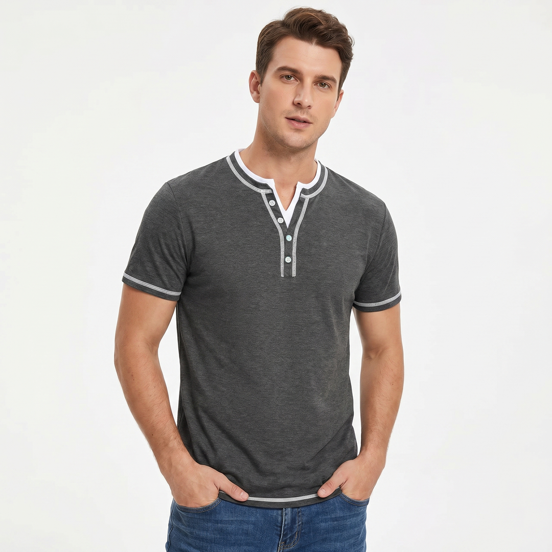 Henley Shirt Men - Short Sleeve Contrast Stitch Button