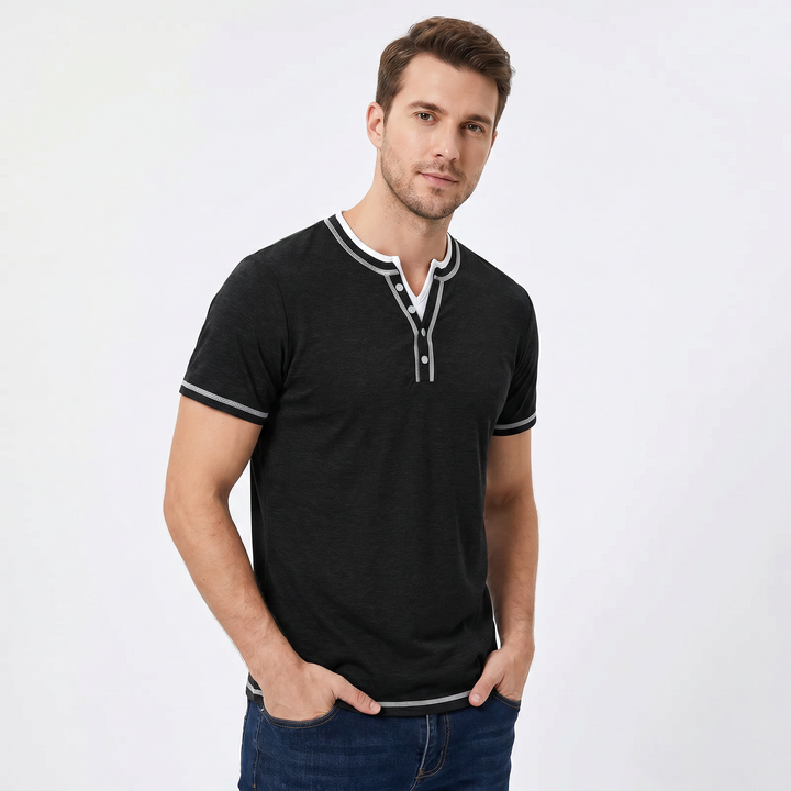 Henley Shirt Men - Short Sleeve Contrast Stitch Button