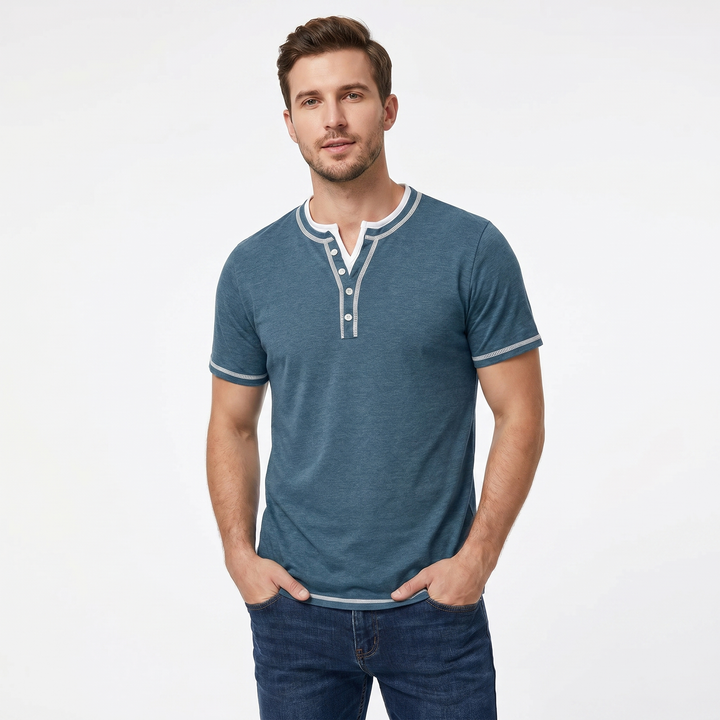 Henley Shirt Men - Short Sleeve Contrast Stitch Button