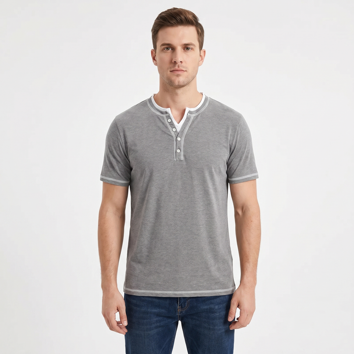 Henley Shirt Men - Short Sleeve Contrast Stitch Button