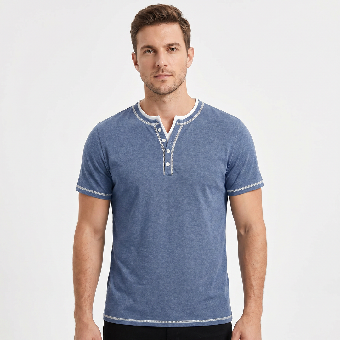 Henley Shirt Men - Short Sleeve Contrast Stitch Button