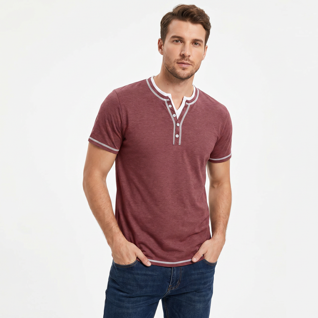 Henley Shirt Men - Short Sleeve Contrast Stitch Button