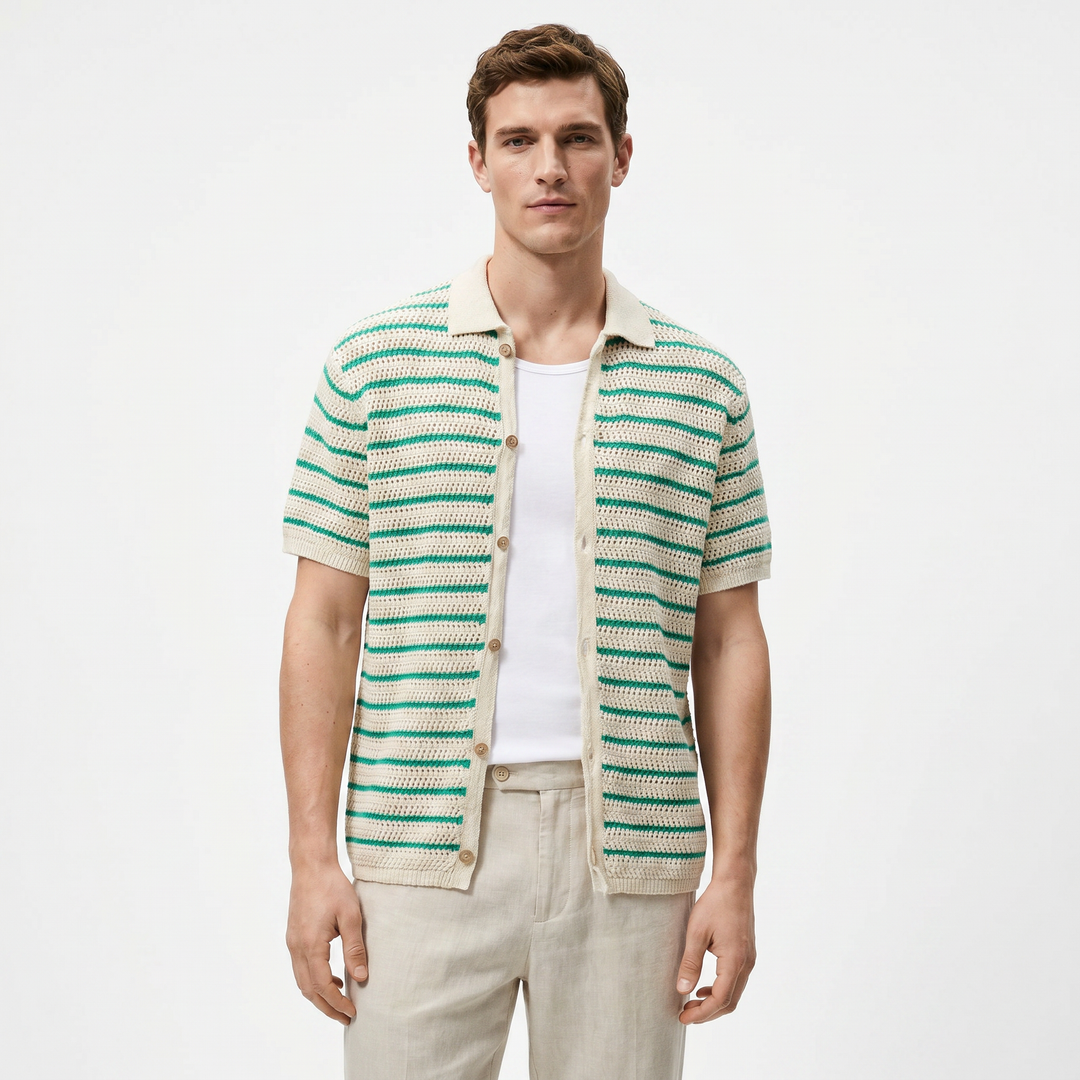 Crochet Top Men - Striped Knit Button Down Short Sleeve