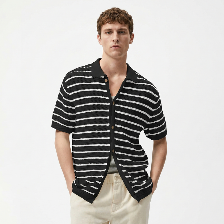 Crochet Top Men - Striped Knit Button Down Short Sleeve