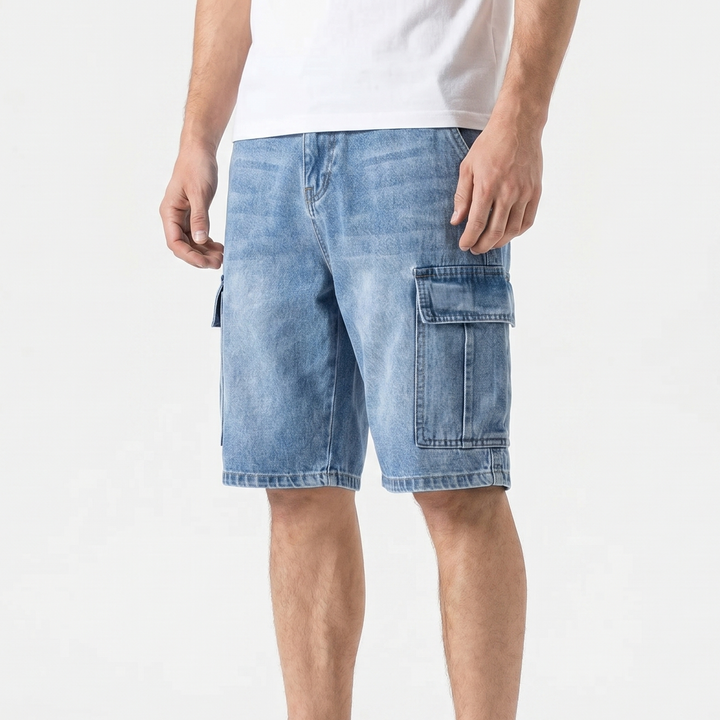 Denim Shorts Men - Cargo Pocket Knee Length Utility