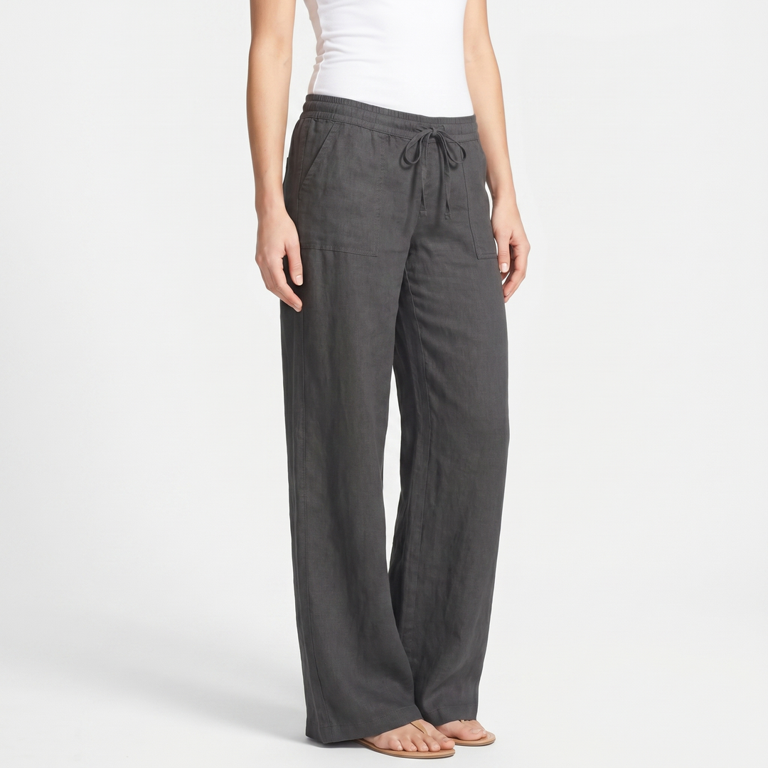 Linen Wide Leg Pants - Drawstring Low Rise Beach