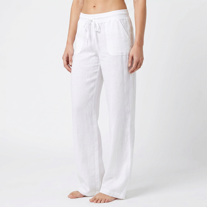Linen Wide Leg Pants - Drawstring Low Rise Beach