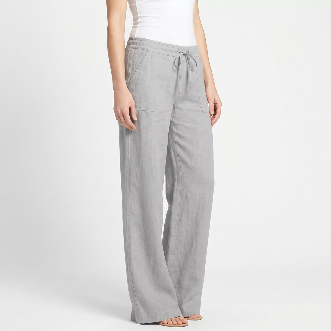 Linen Wide Leg Pants - Drawstring Low Rise Beach