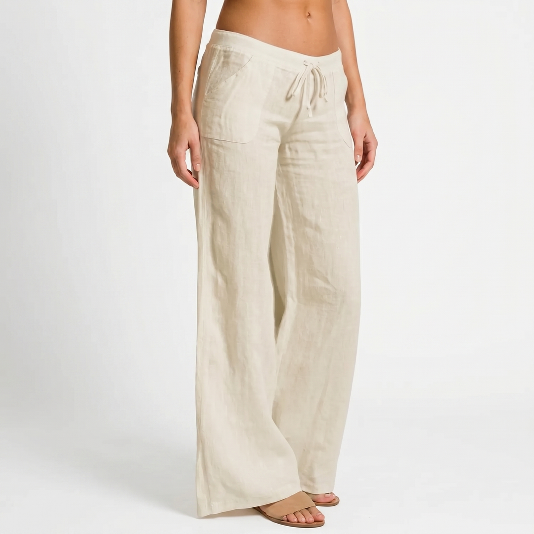 Linen Wide Leg Pants - Drawstring Low Rise Beach