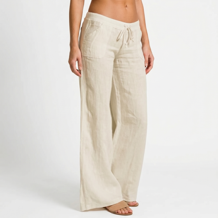 Linen Wide Leg Pants - Drawstring Low Rise Beach