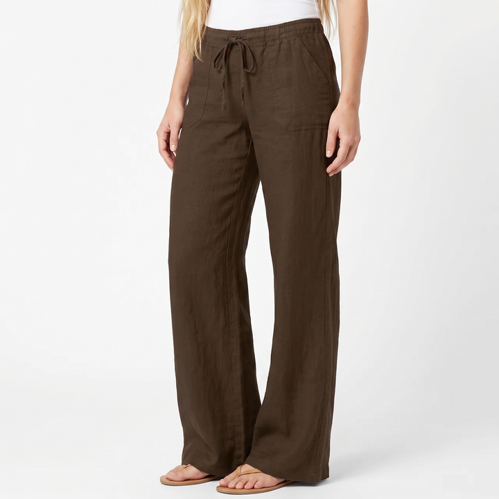 Linen Wide Leg Pants - Drawstring Low Rise Beach