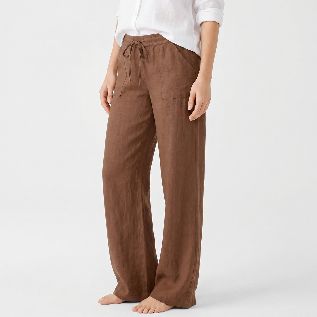 Linen Wide Leg Pants - Drawstring Low Rise Beach