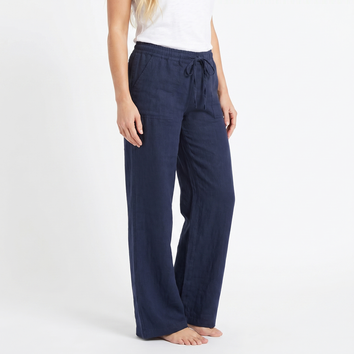 Linen Wide Leg Pants - Drawstring Low Rise Beach