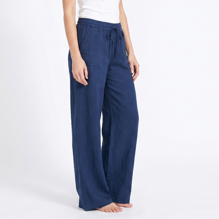 Linen Wide Leg Pants - Drawstring Low Rise Beach