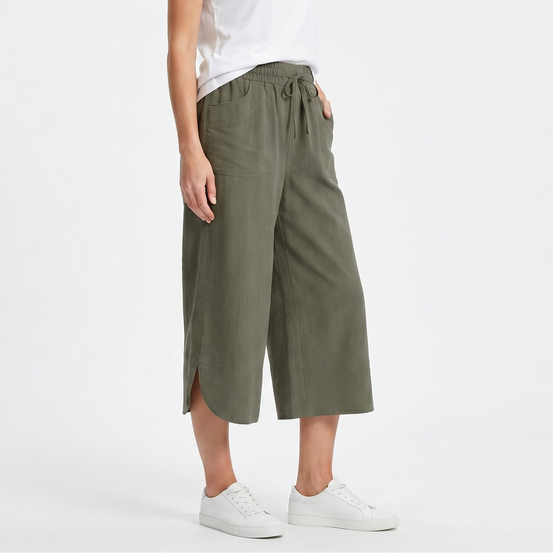 Wide Leg Cropped Pants - High Waisted Drawstring