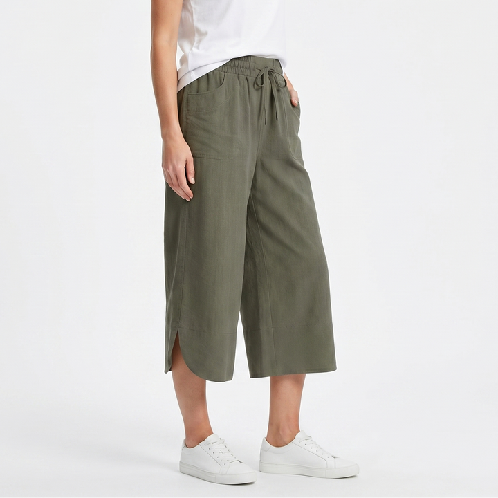 Wide Leg Cropped Pants - High Waisted Drawstring