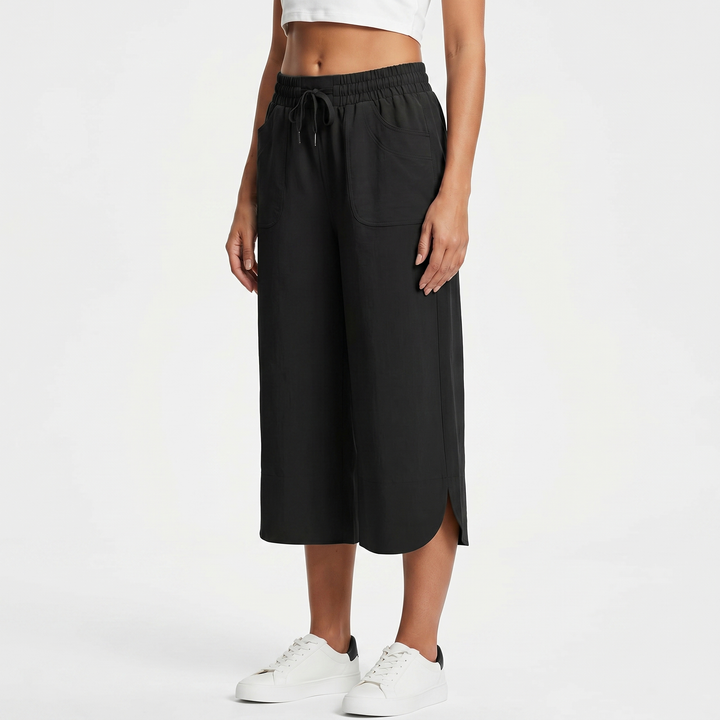 Wide Leg Cropped Pants - High Waisted Drawstring