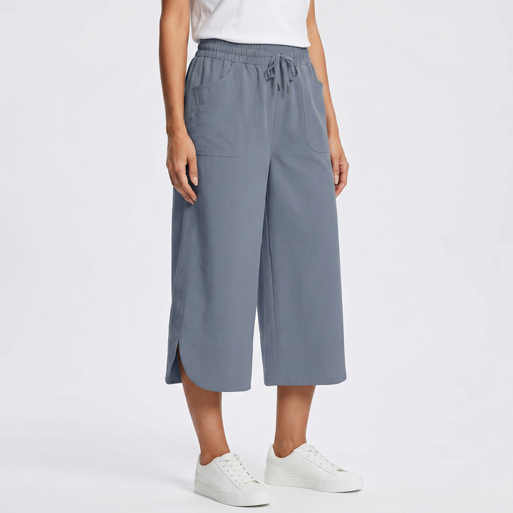 Wide Leg Cropped Pants - High Waisted Drawstring