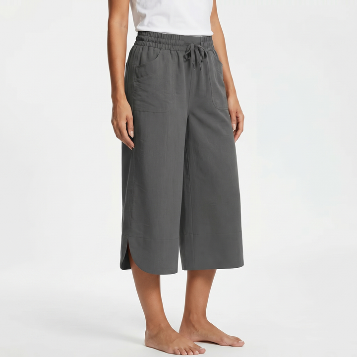 Wide Leg Cropped Pants - High Waisted Drawstring