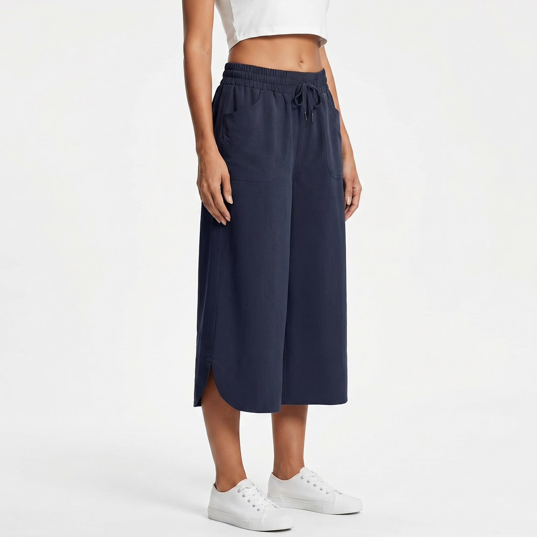 Wide Leg Cropped Pants - High Waisted Drawstring