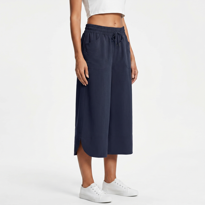 Wide Leg Cropped Pants - High Waisted Drawstring
